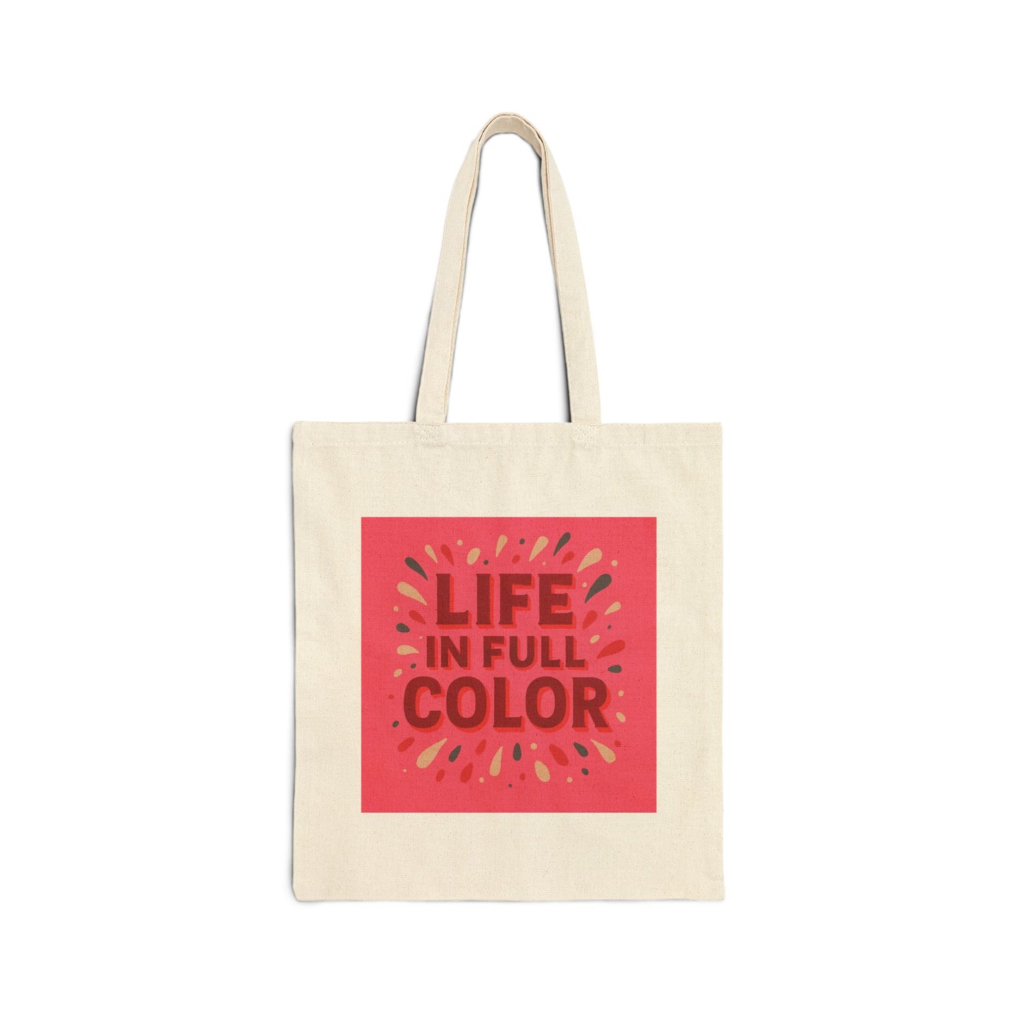 Cherry coded canvas tote bag featuring vibrant design 'Life in Full Color' and energetic color palettes.