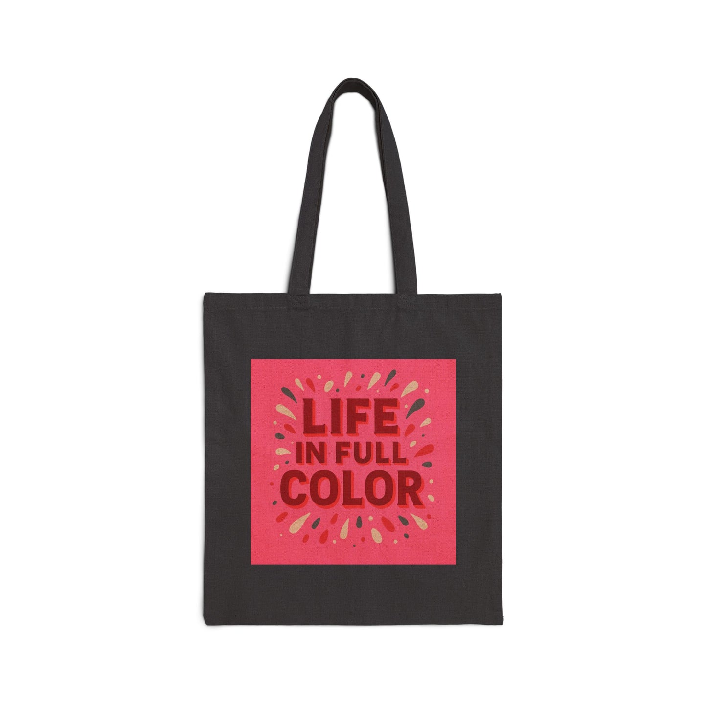 Cherry coded canvas tote bag with the phrase 'Life in Full Color' promoting vibrant, colorful accessory styles.