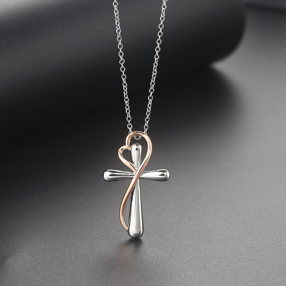 Heart-Shaped Cross Necklace – White Gold or Silver Electroplated