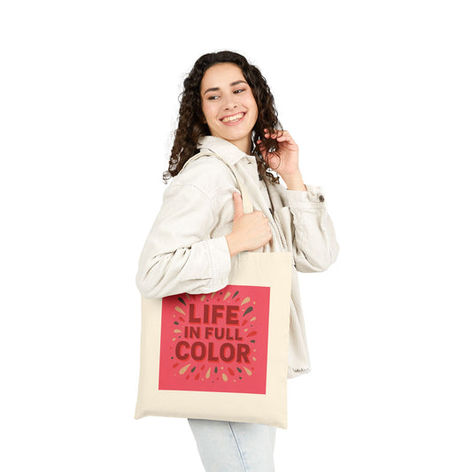 Cherry coded canvas tote bag featuring bold design with 'LIFE IN FULL COLOR' for vibrant everyday use.