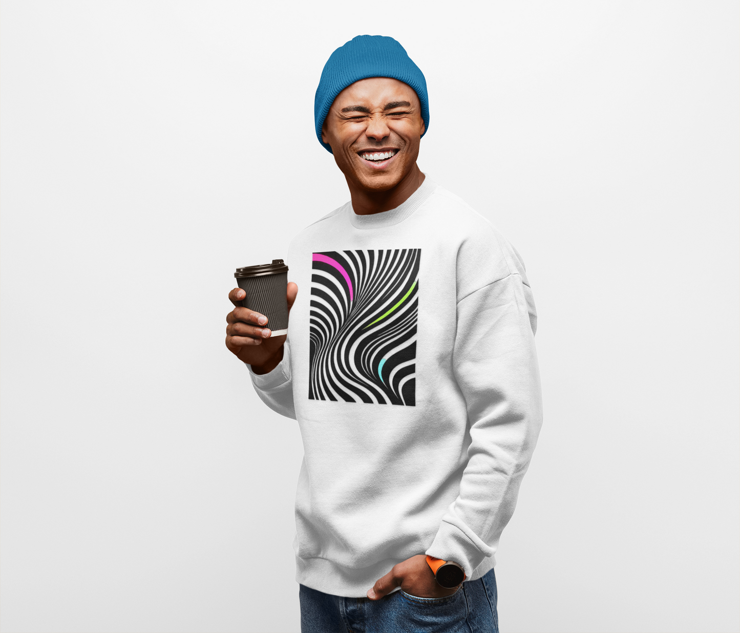 Striped Crewneck Sweatshirt - Modern Luxury Black-and-White Neon Design