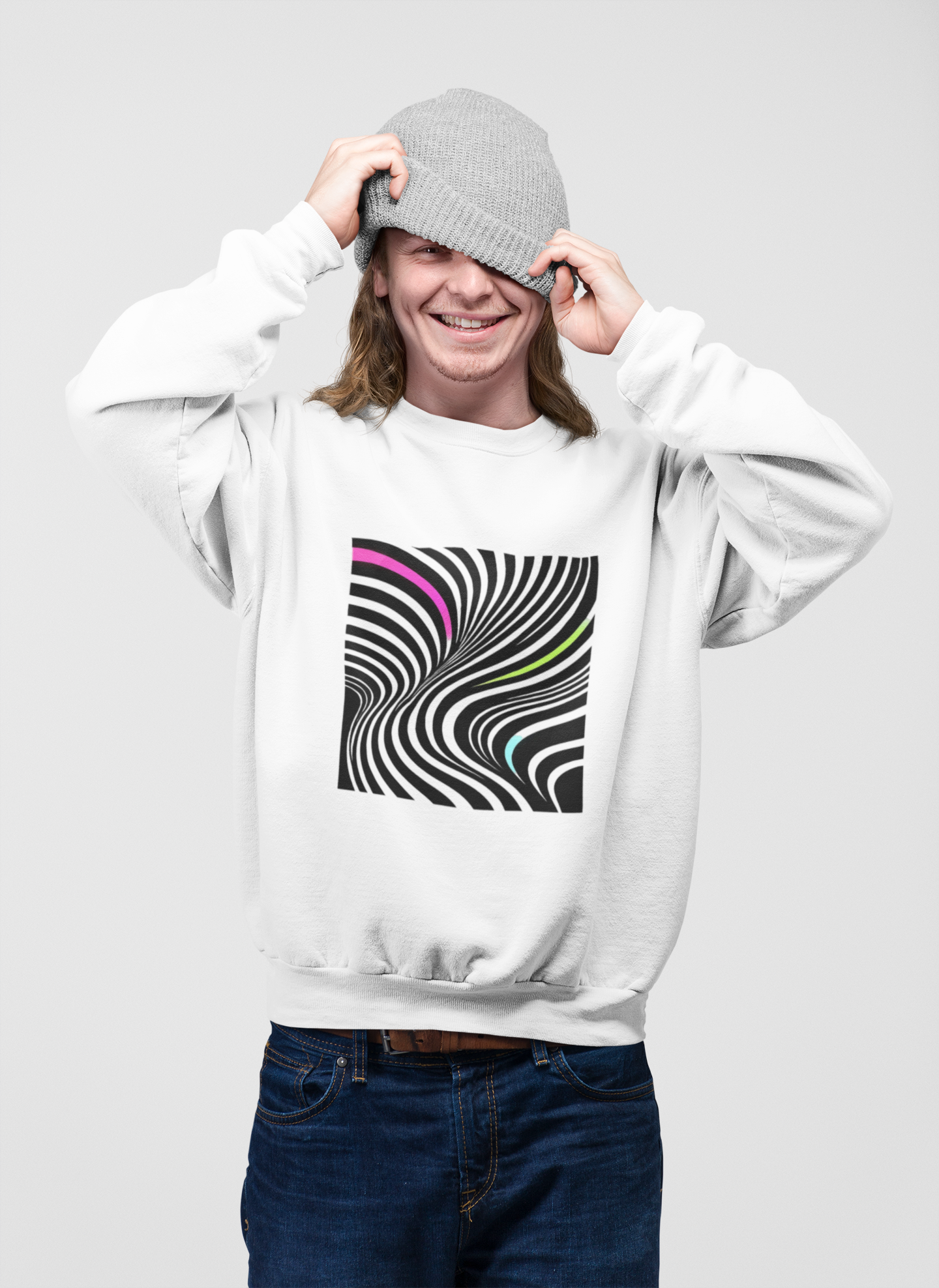Striped Crewneck Sweatshirt - Modern Luxury Black-and-White Neon Design