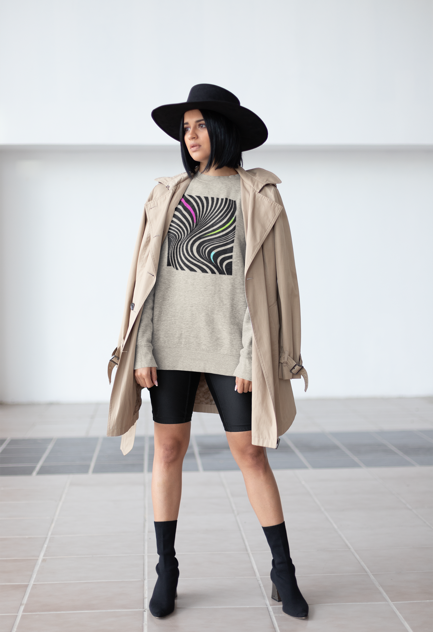 Striped Crewneck Sweatshirt - Modern Luxury Black-and-White Neon Design