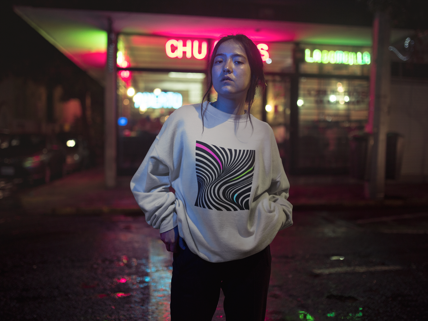 Striped Crewneck Sweatshirt - Modern Luxury Black-and-White Neon Design