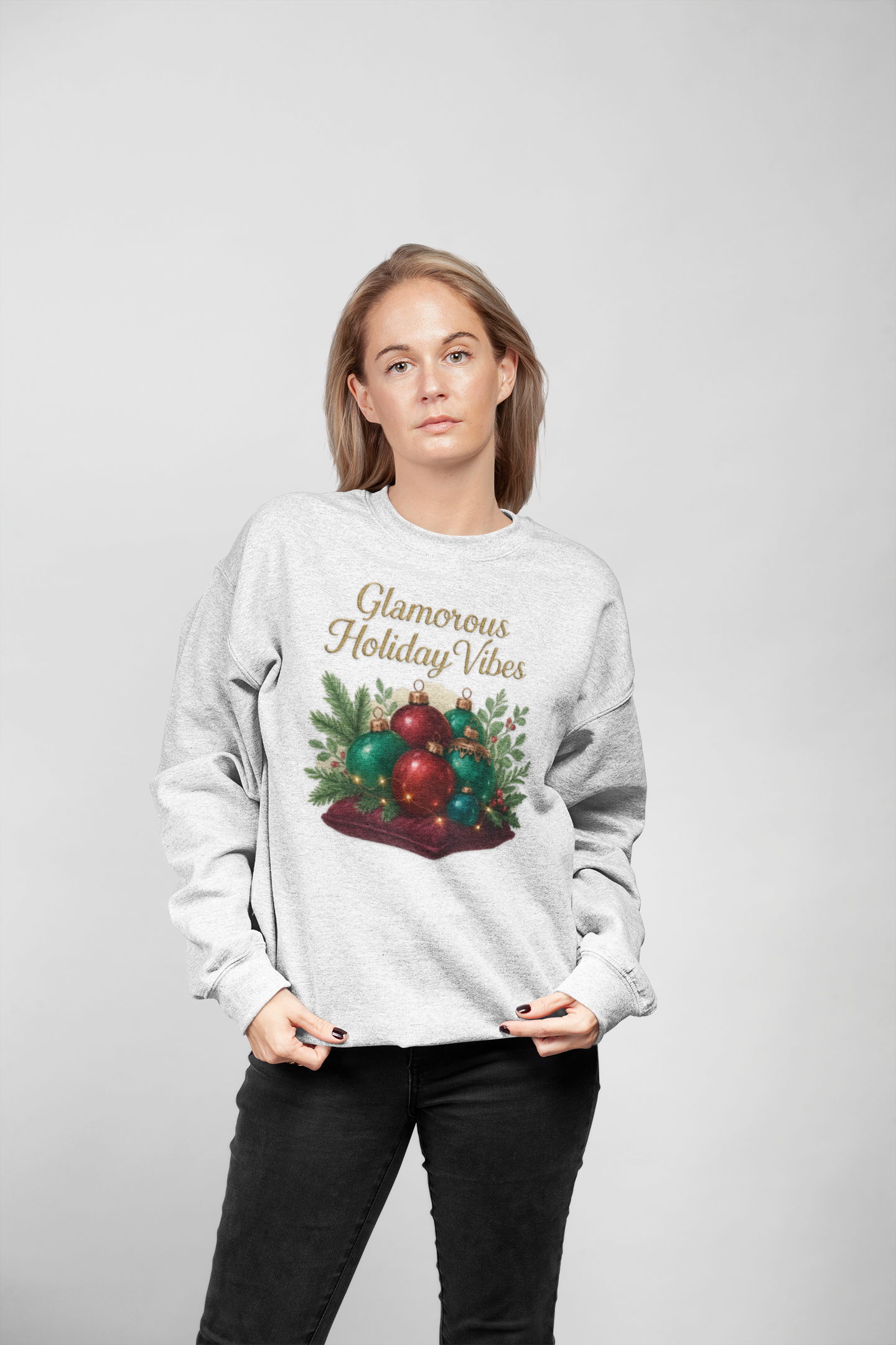 Holiday Crewneck Sweatshirt - 'Glamorous Holiday Vibes' Christmas Ornament Design