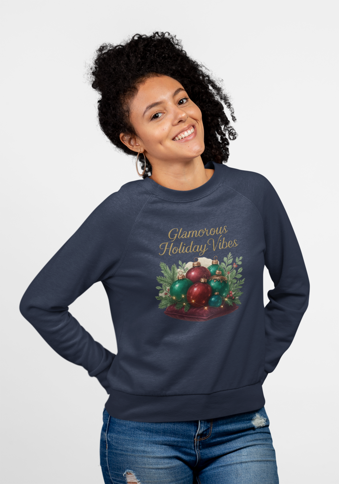 Holiday Crewneck Sweatshirt - 'Glamorous Holiday Vibes' Christmas Ornament Design