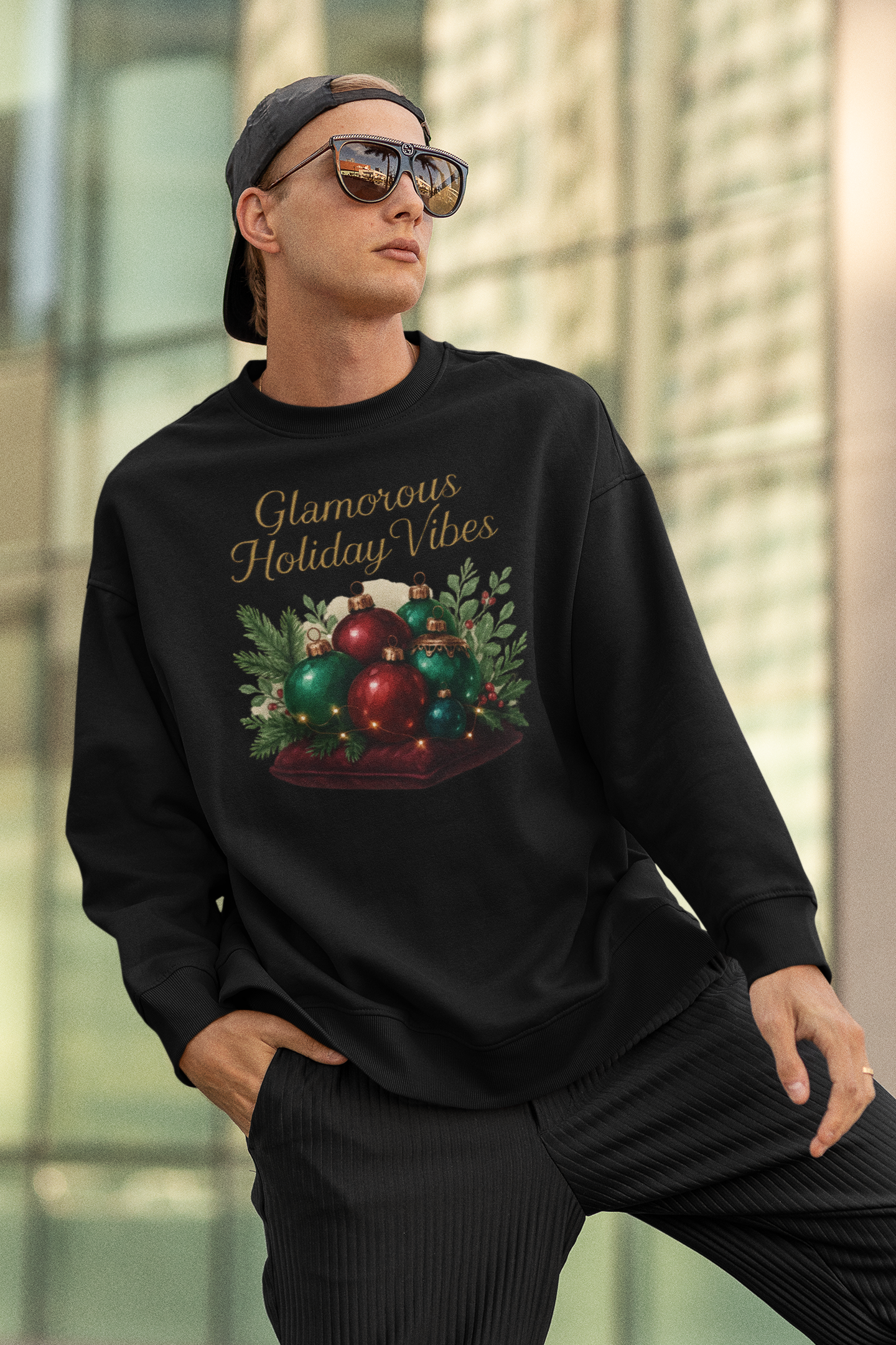 Holiday Crewneck Sweatshirt - 'Glamorous Holiday Vibes' Christmas Ornament Design