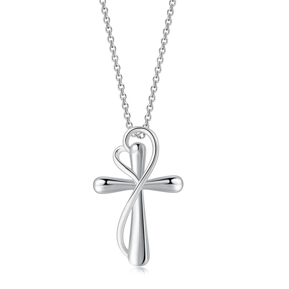 Heart-Shaped Cross Necklace – White Gold or Silver Electroplated