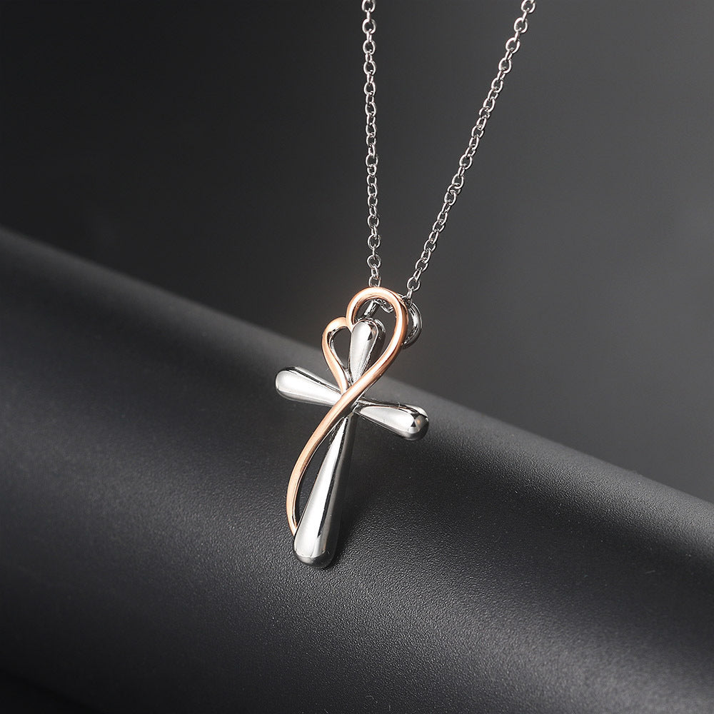 Heart-Shaped Cross Necklace – White Gold or Silver Electroplated