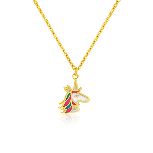 14k Yellow Gold Children's Necklace with Enameled Unicorn Pendant