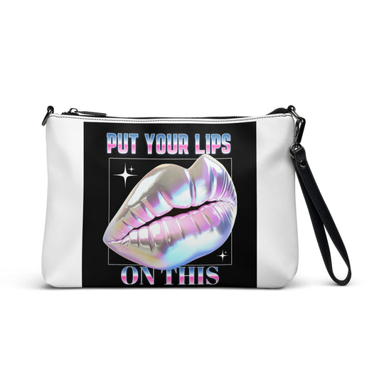 Lips design crossbody bag with vibrant lips graphic and statement 'Put Your Lips on This'.