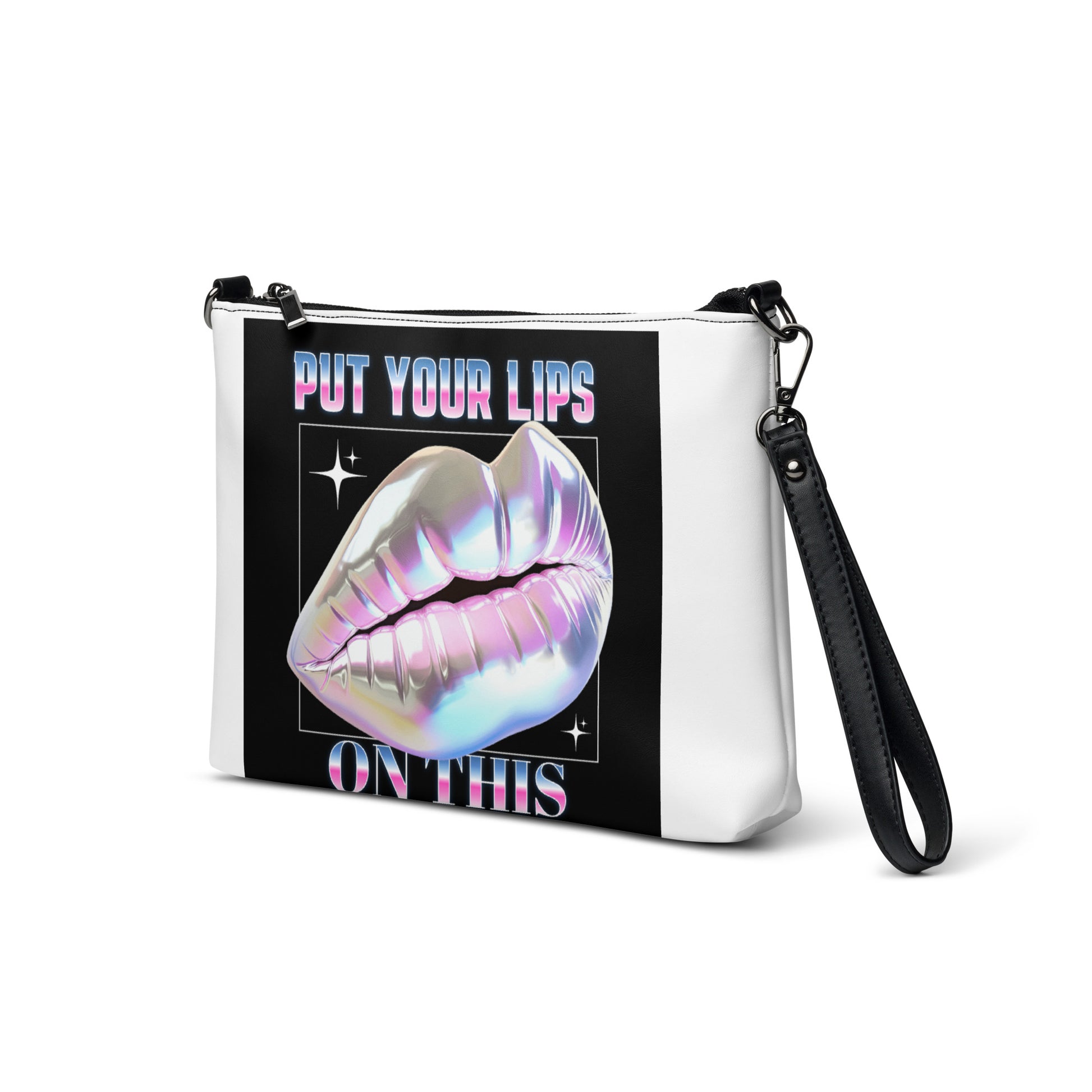 Lips design crossbody bag with bold lips graphic and 'Put Your Lips on This' statement, featuring faux leather material.
