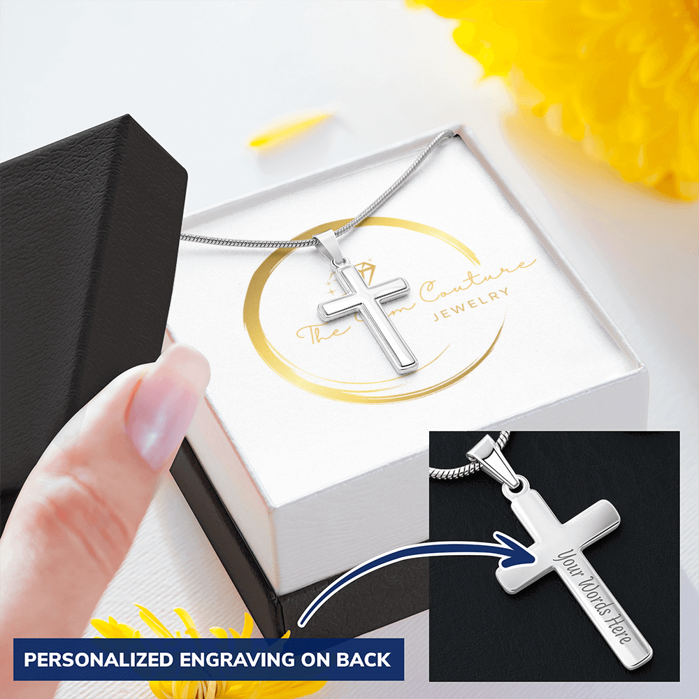 Engraved Stainless Steel Cross Necklace