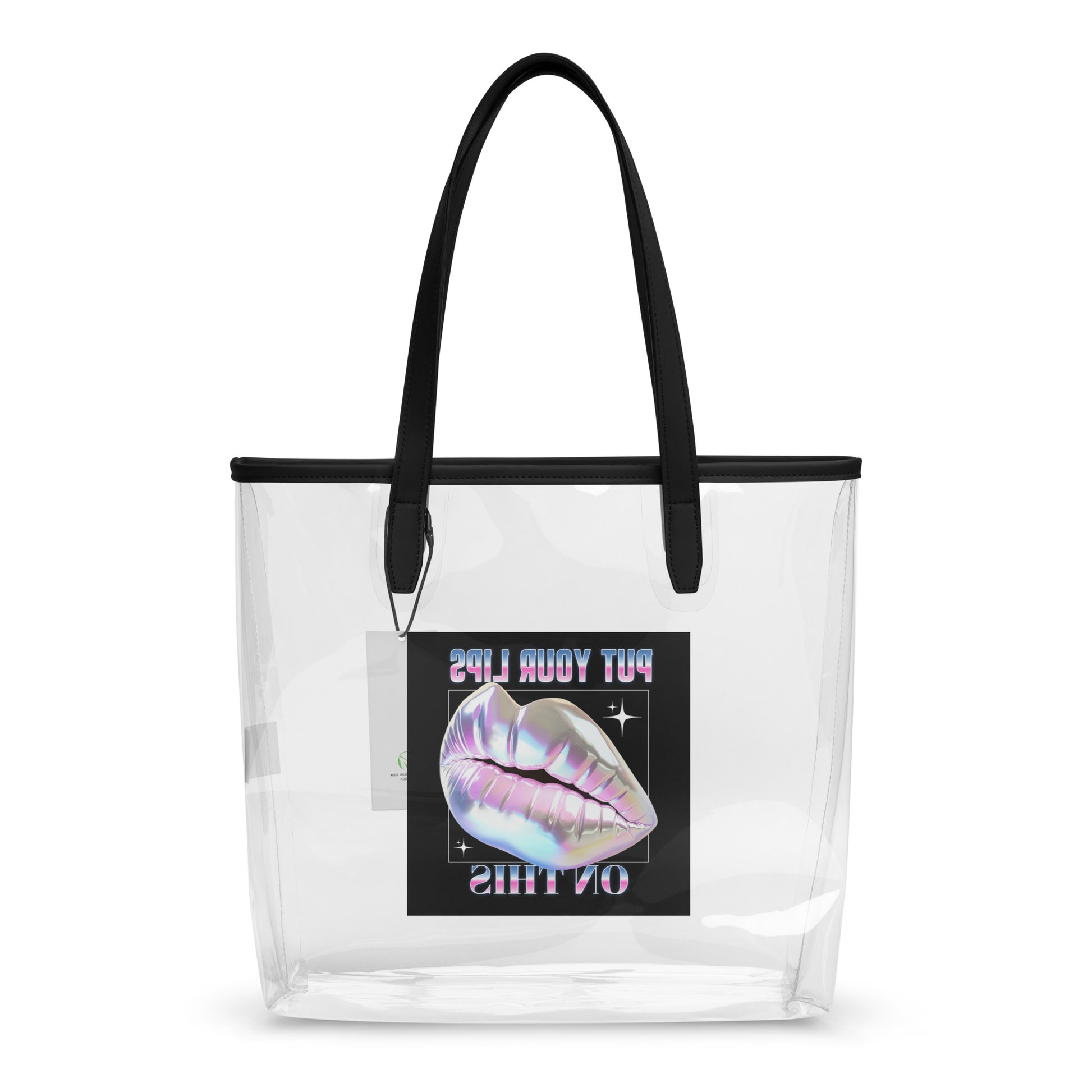 Clear tote bag with lips design featuring bold lips and 'Put Your Lips on This' statement, perfect for stylish occasions.