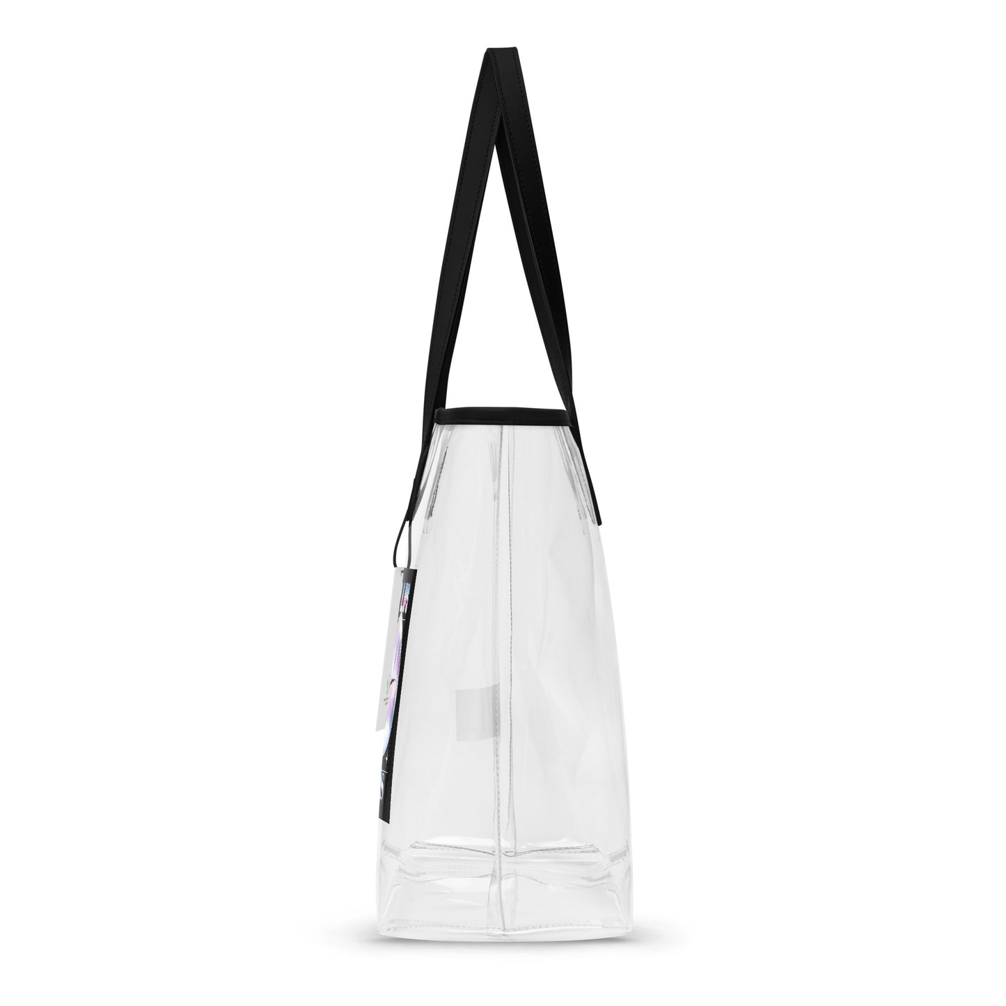 Clear tote bag with lips design showcasing a stylish transparent look and durable black straps.