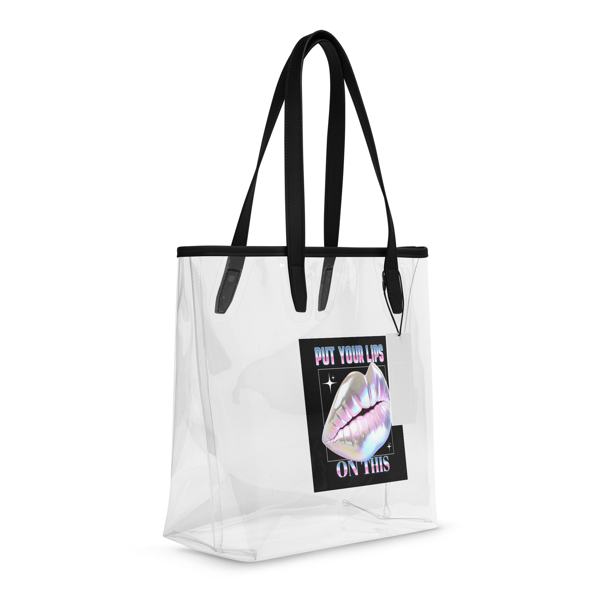 Clear tote bag with lips design featuring 'Put Your Lips on This' statement, perfect for stylish outings.
