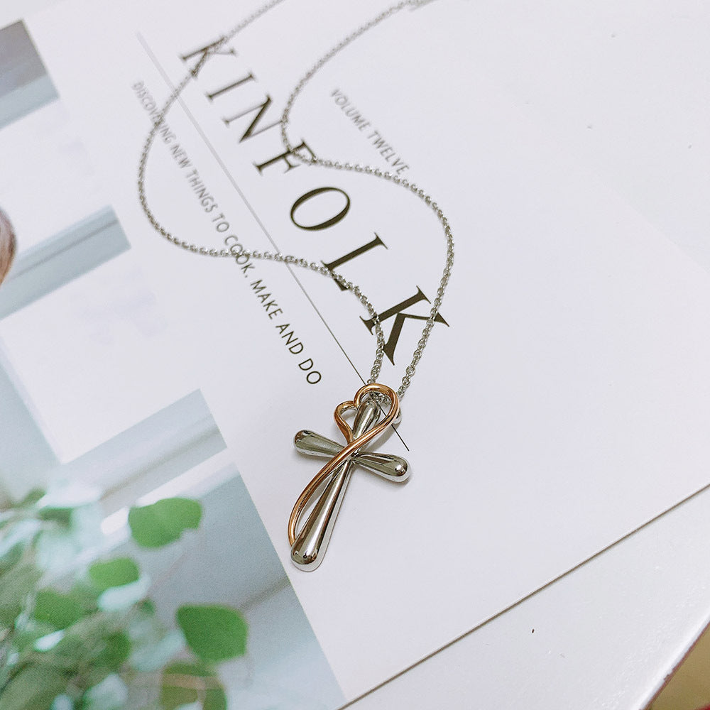 Heart-Shaped Cross Necklace – White Gold or Silver Electroplated